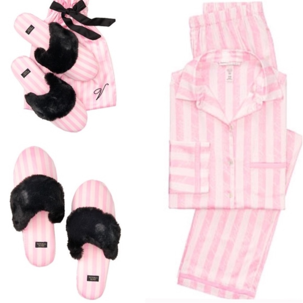 NWT VICTORIAS SECRET SATIN 4-PC SET, PJ'S, SLIPPERS/STORAGE BAG, MEDIUM